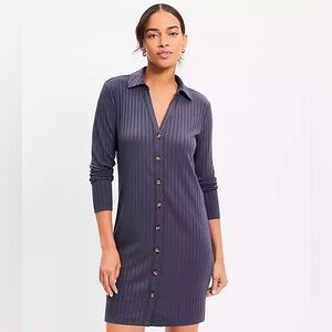 LOFT Women’s Dark Blue Gray Striped Button Down Shirt Dress NWT Size 16